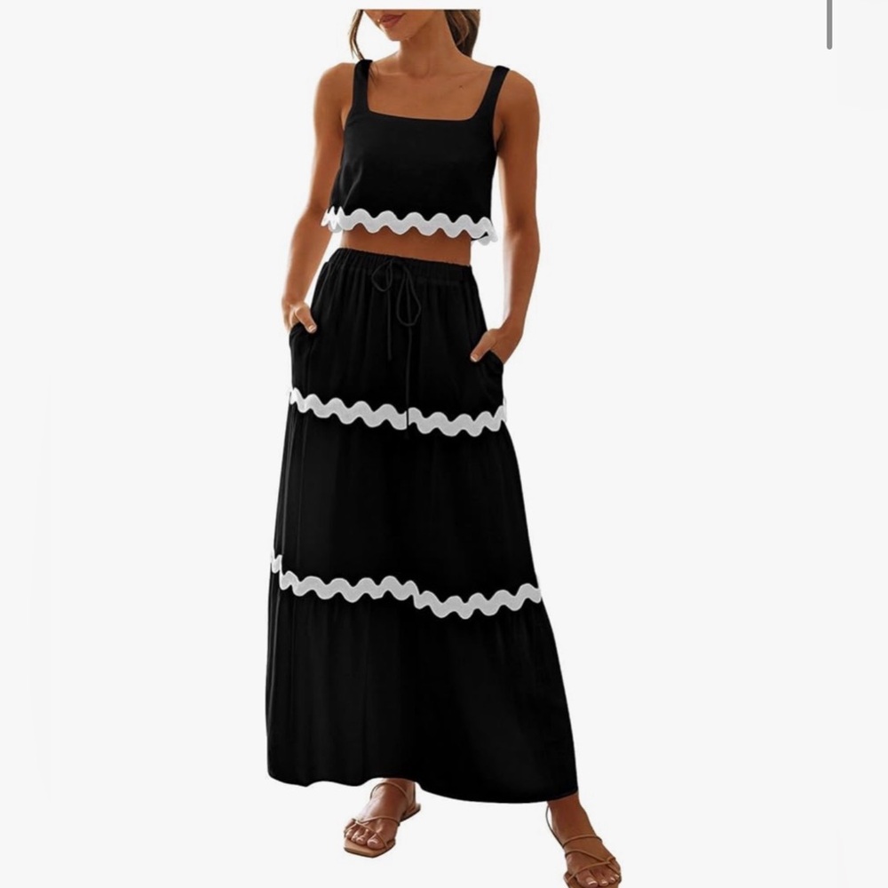 Wavy Trim Black Top and Maxi Skirt Set